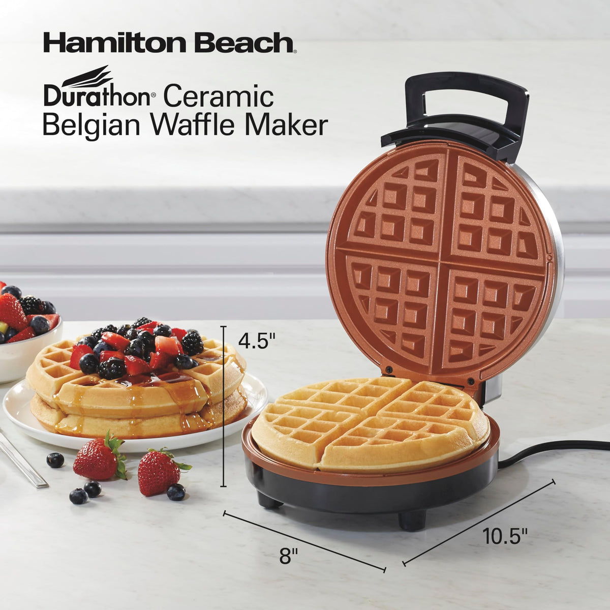 Compact upright storage of Hamilton Beach waffle maker in a kitchen