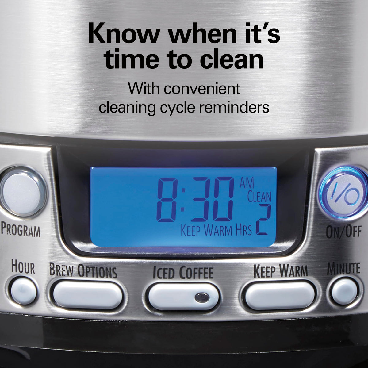 Sleek black stainless-steel finish on Hamilton Beach One Press coffee maker.