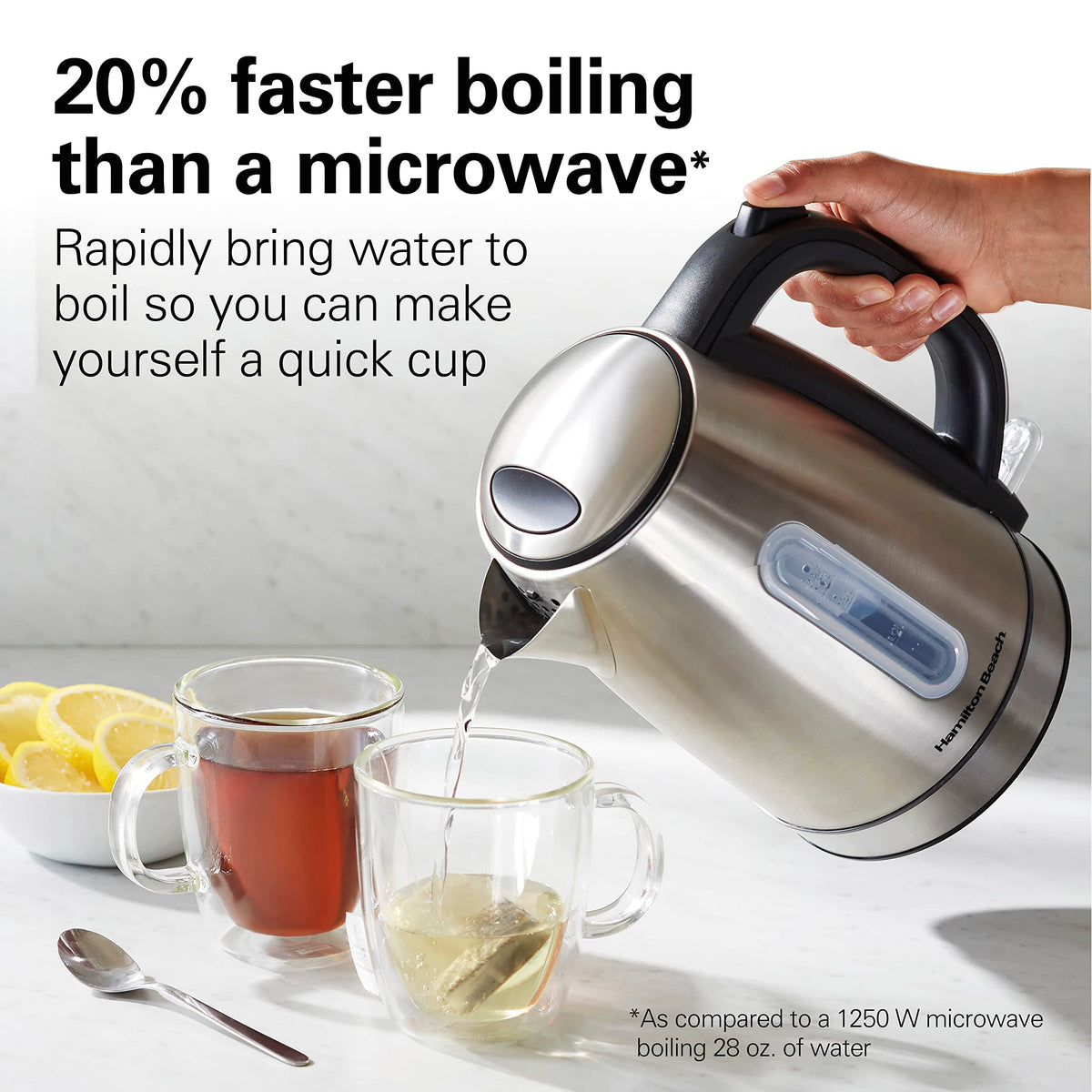 Hamilton Beach boil-dry protection guards the kettle if water runs low.