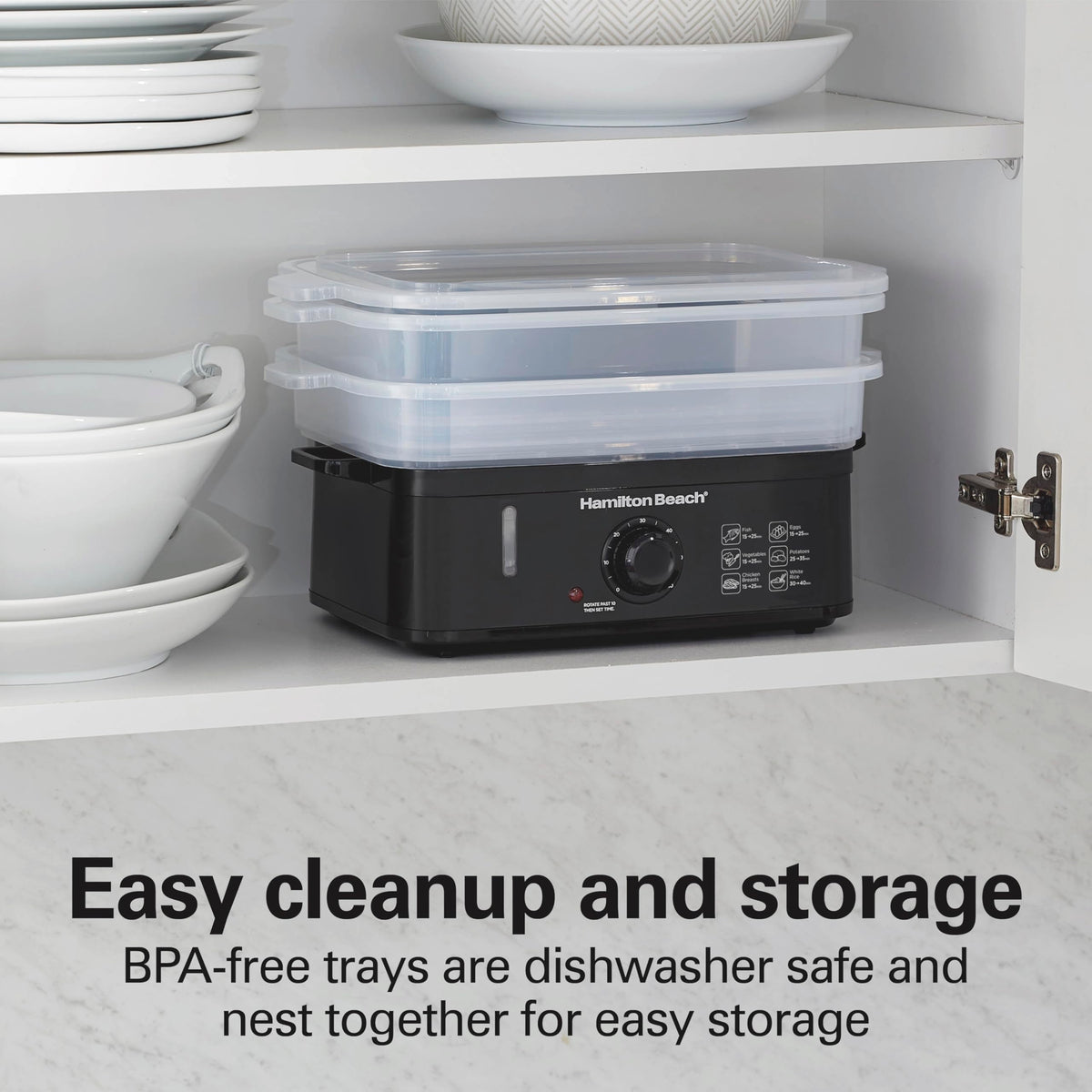 Hamilton Beach BPA-free, dishwasher-safe steam bowls for simple cleanup