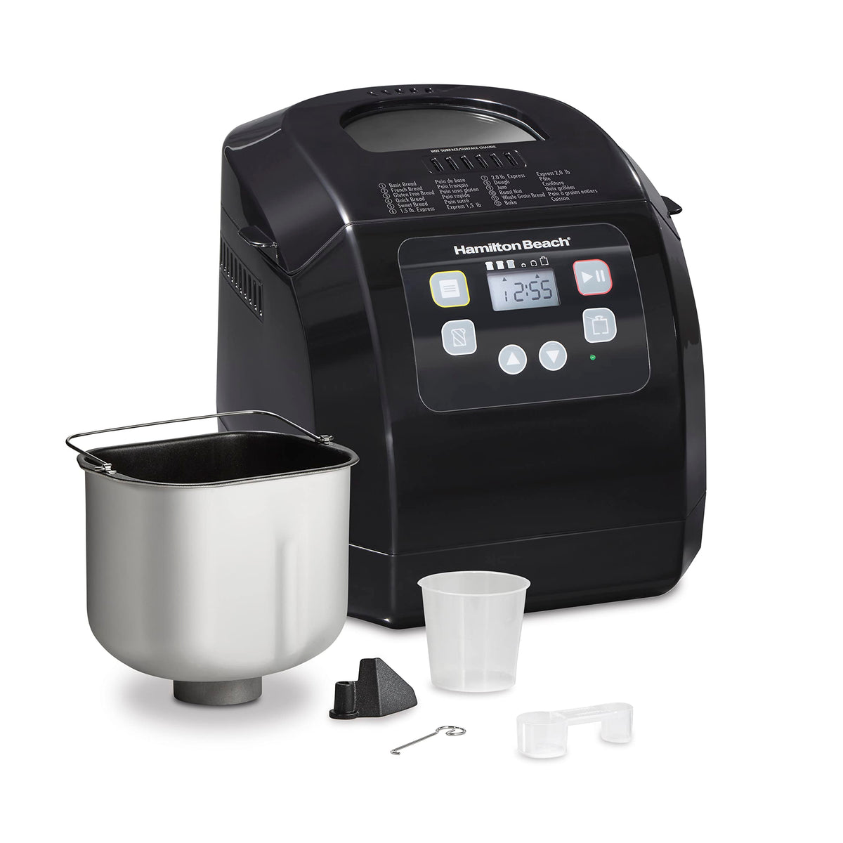 Hamilton Beach bread maker front view showing compact kitchen-ready design.