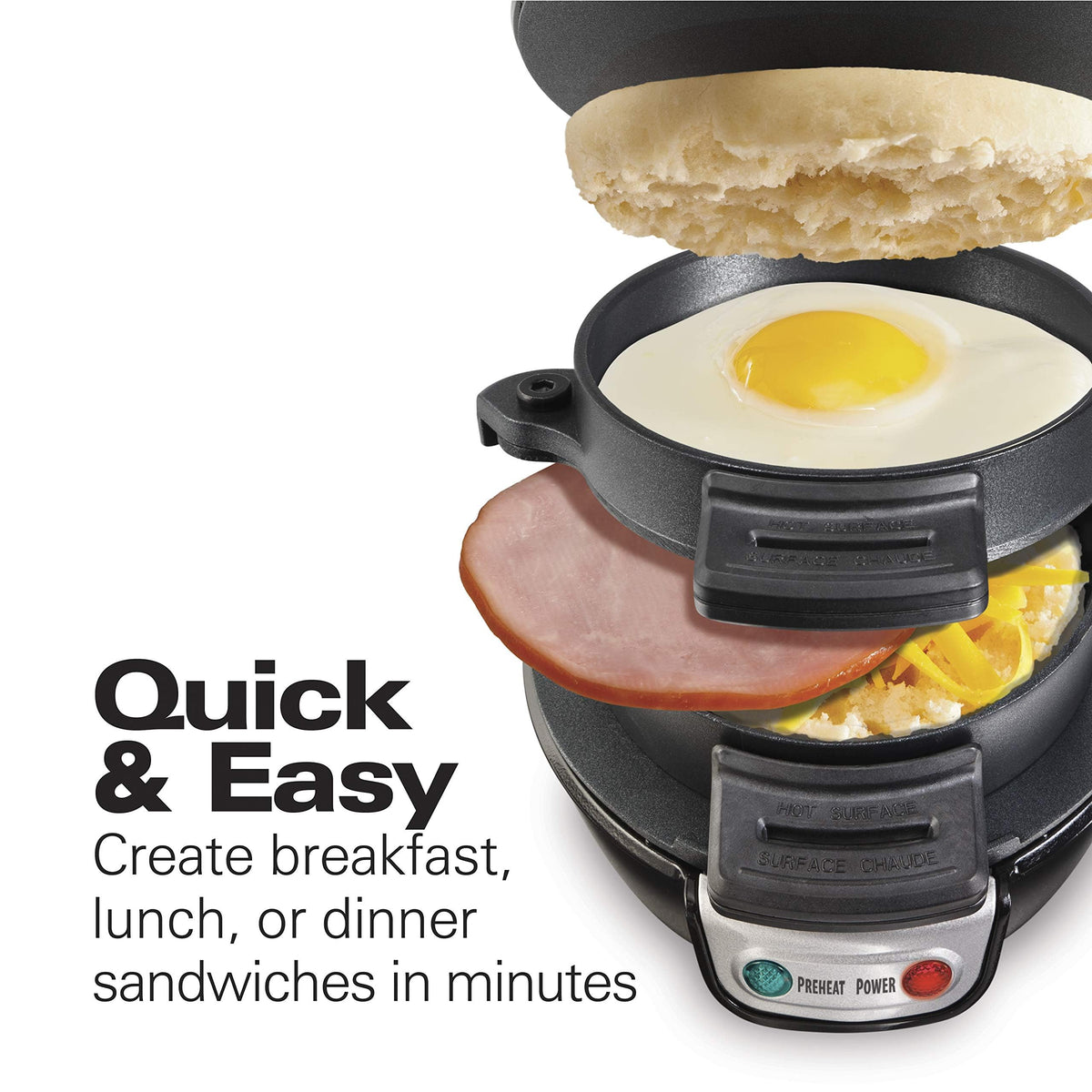 Hamilton Beach breakfast sandwich assembly with ingredients, customize bread, cheese, and fillings.