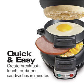 Hamilton Beach breakfast sandwich assembly with ingredients, customize bread, cheese, and fillings.