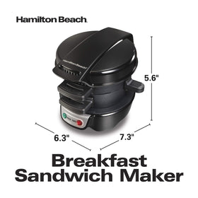 Hamilton Beach breakfast maker lid action, sandwich assembles itself for quick meals.