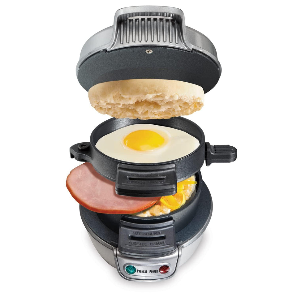 Hamilton Beach breakfast sandwich maker with egg cooker ring for fast, customizable breakfasts