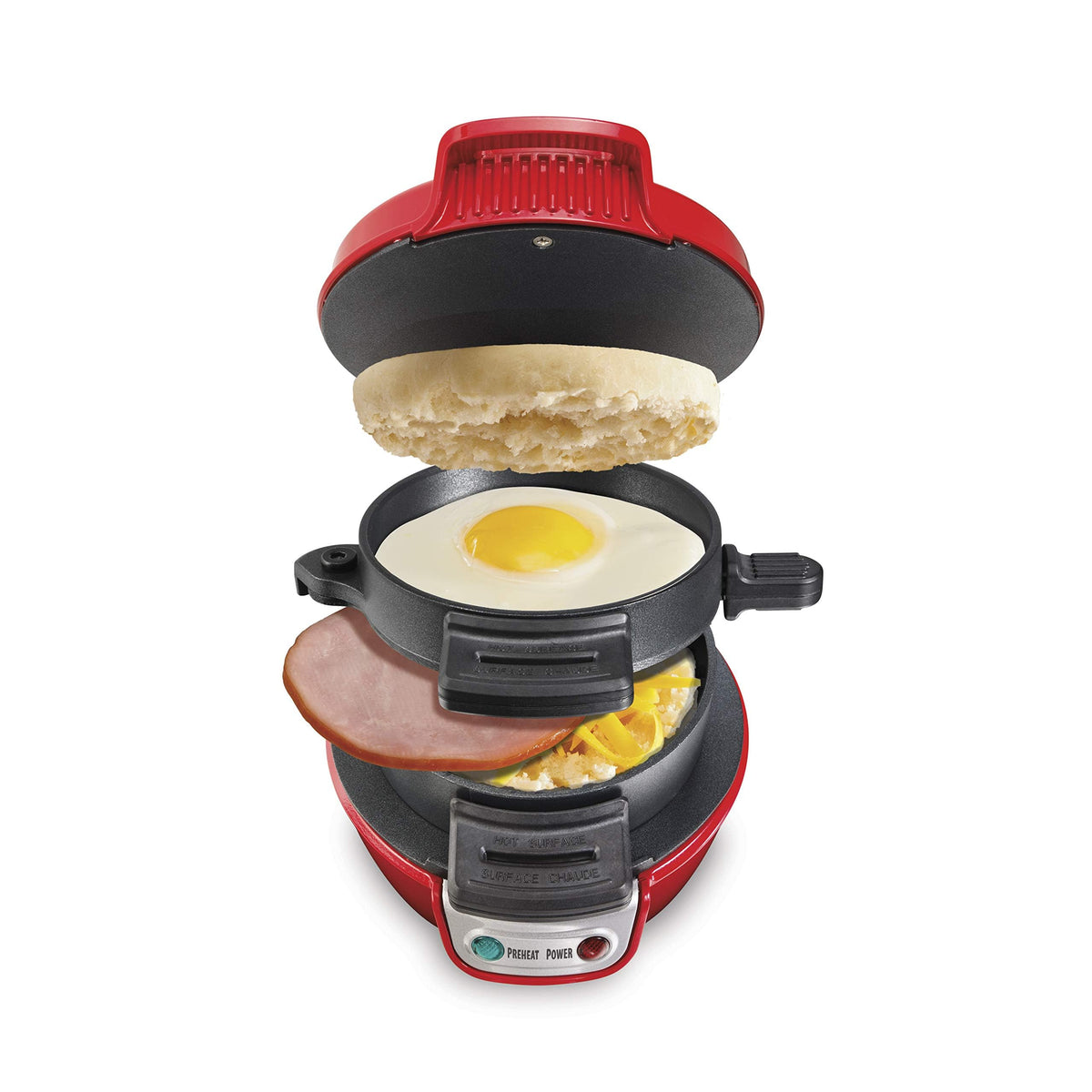 Hamilton Beach breakfast sandwich maker red on counter enables quick, tasty mornings