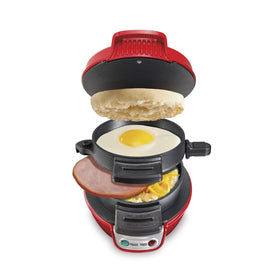 Hamilton Beach breakfast sandwich maker red on counter enables quick, tasty mornings