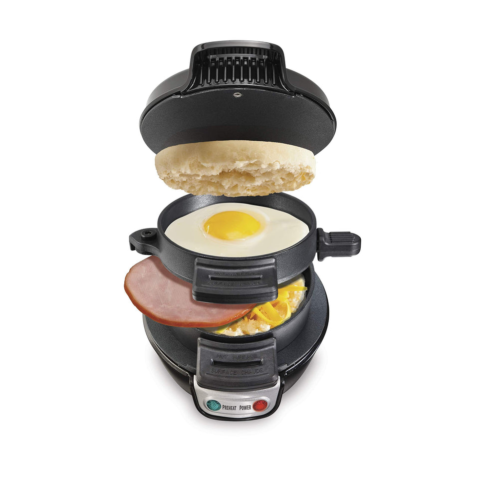 Hamilton Beach breakfast sandwich maker top view, compact kitchen convenience for fast, personalized breakfasts.