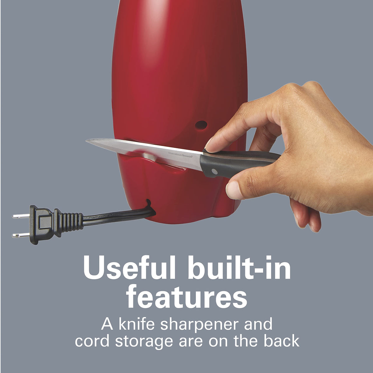 Integrated knife sharpener keeps blades sharp alongside the Hamilton Beach opener.