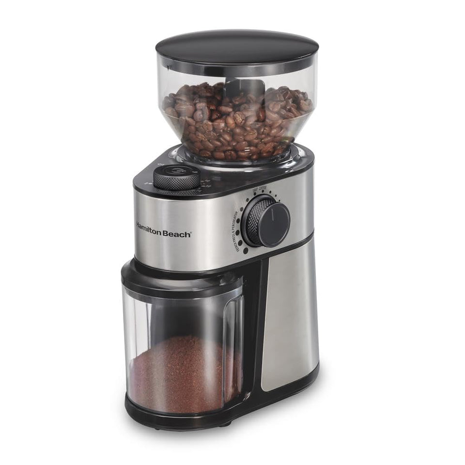 Hamilton Beach burr grinder dial controls espresso to French press grind texture.