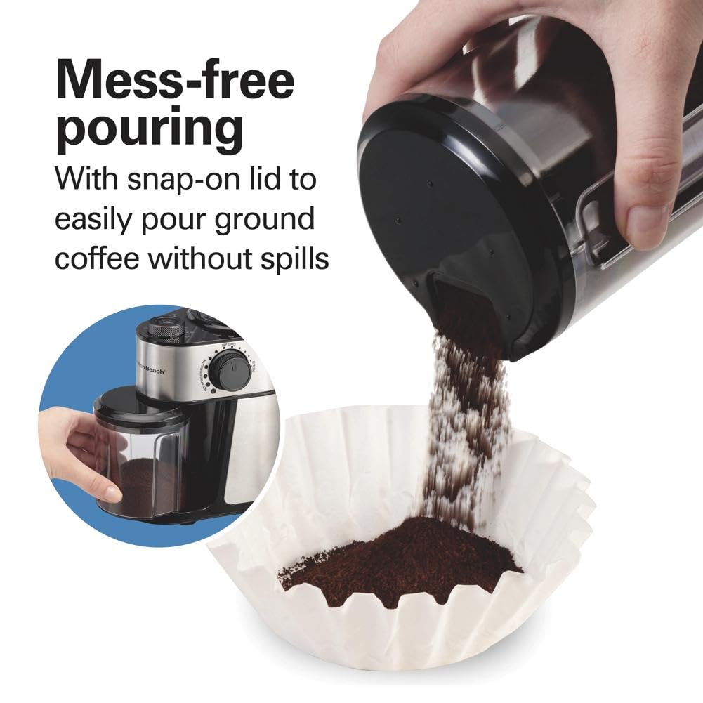 Hamilton Beach burr grinder dishwasher-safe containers and lids for quick cleanup.