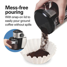 Hamilton Beach burr grinder dishwasher-safe containers and lids for quick cleanup.