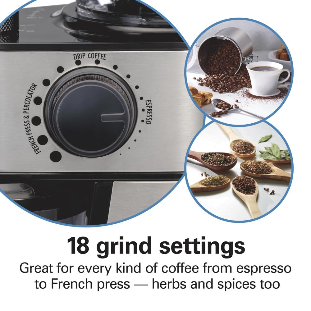 Hamilton Beach burr grinder hopper shows two cups of beans ready to grind.