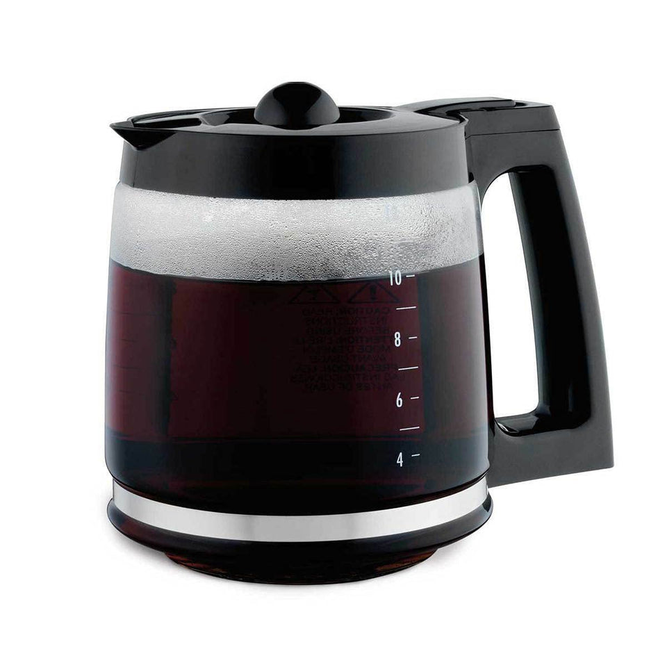 Hamilton Beach carafe with black handle and lid, front view, ideal for daily brew.