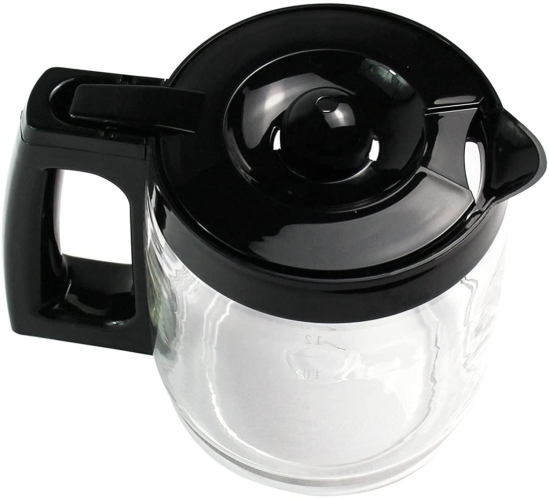 Hamilton Beach carafe with black handle and lid, top view, ready for replacement.