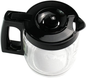 Hamilton Beach carafe with black handle and lid, top view, ready for replacement.