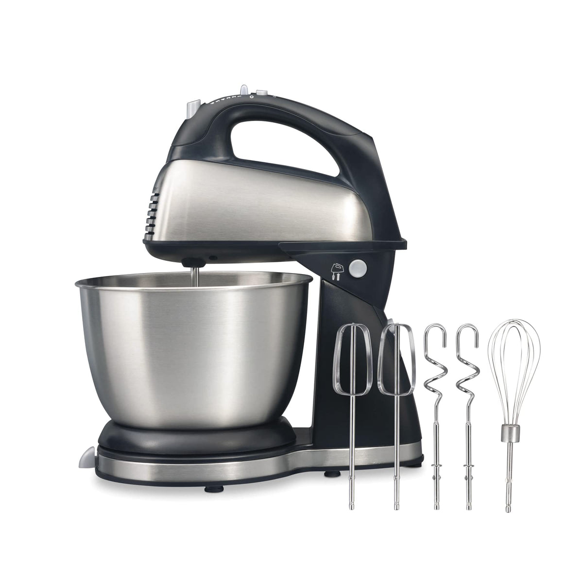 Hamilton Beach Classic attachments with beaters, hooks, and whisk for versatile prep.