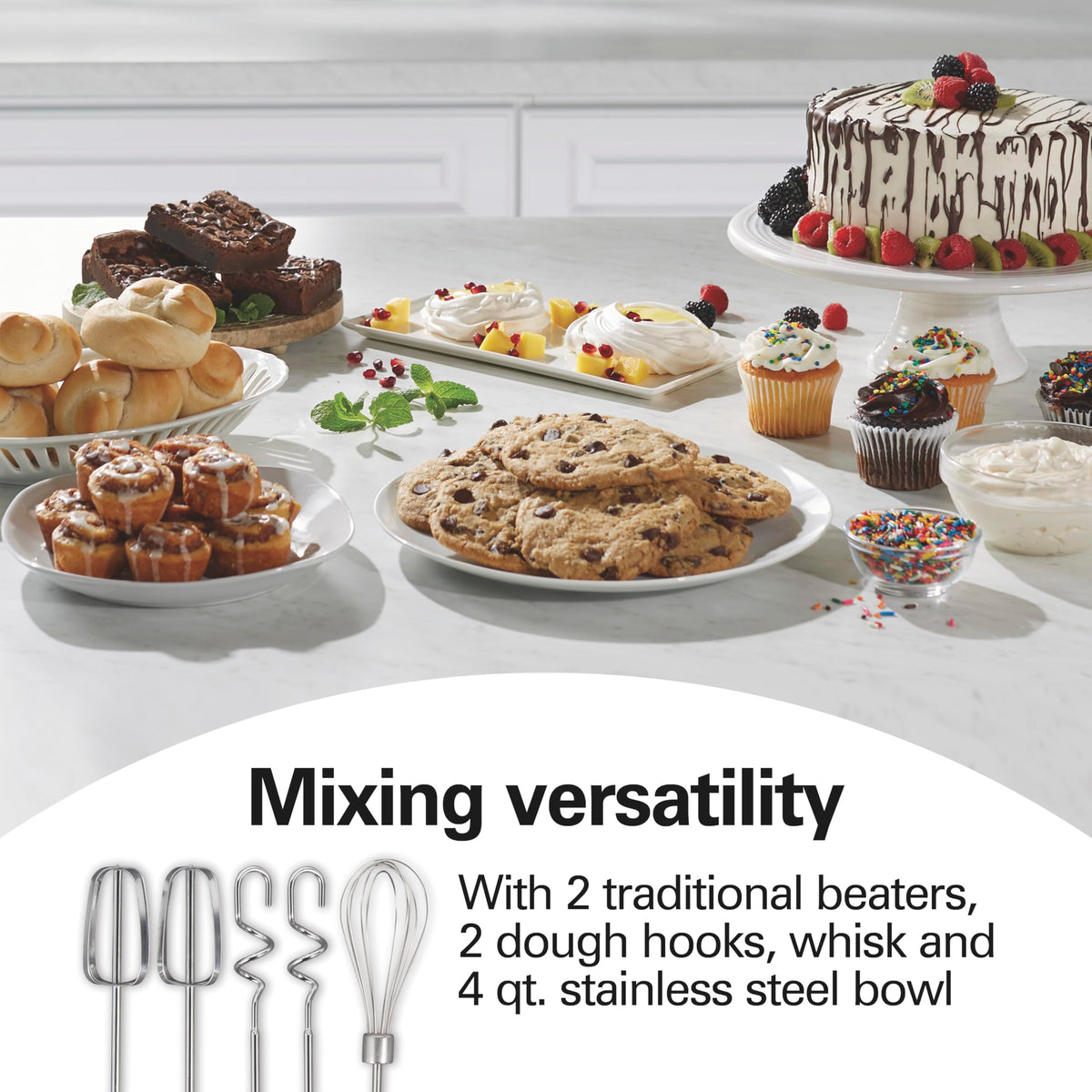 Hamilton Beach Classic attachments: beaters, hooks, and whisk for versatile mixing.