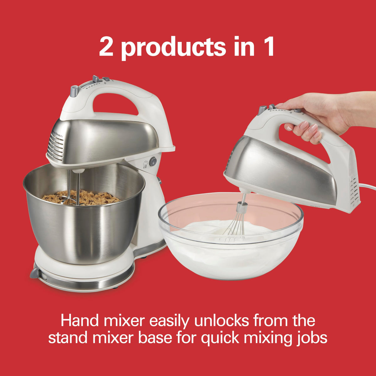 Hamilton Beach Classic Stand Mixer with 4 qt bowl and attachments for cookies and dough.