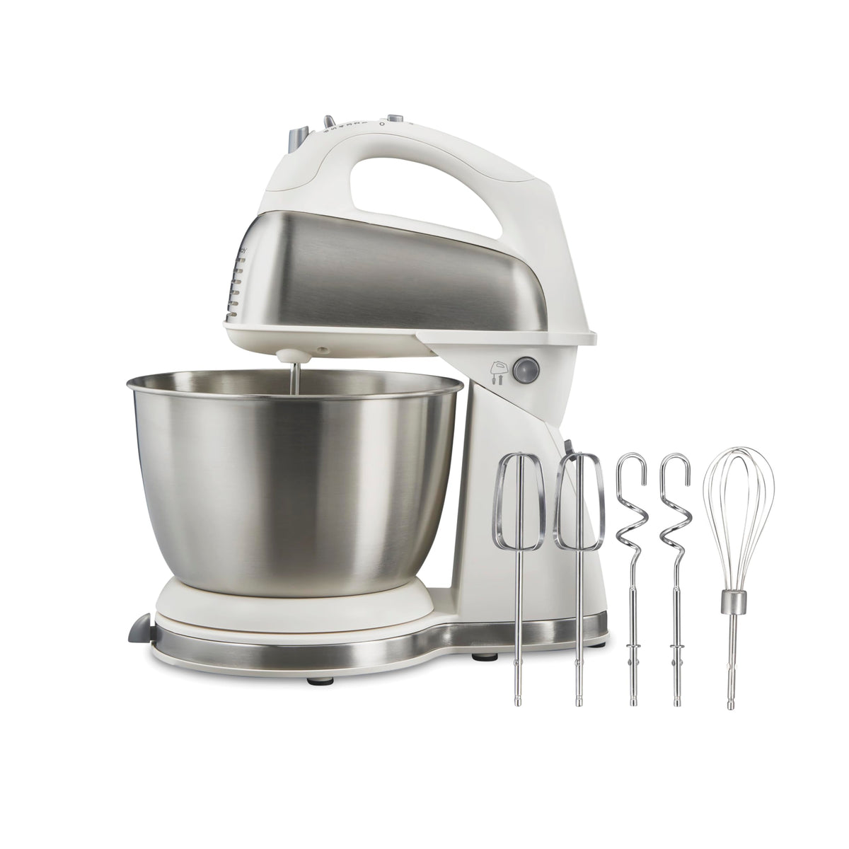 Hamilton Beach Classic Stand Mixer in white on the counter for versatile dough and batter work.