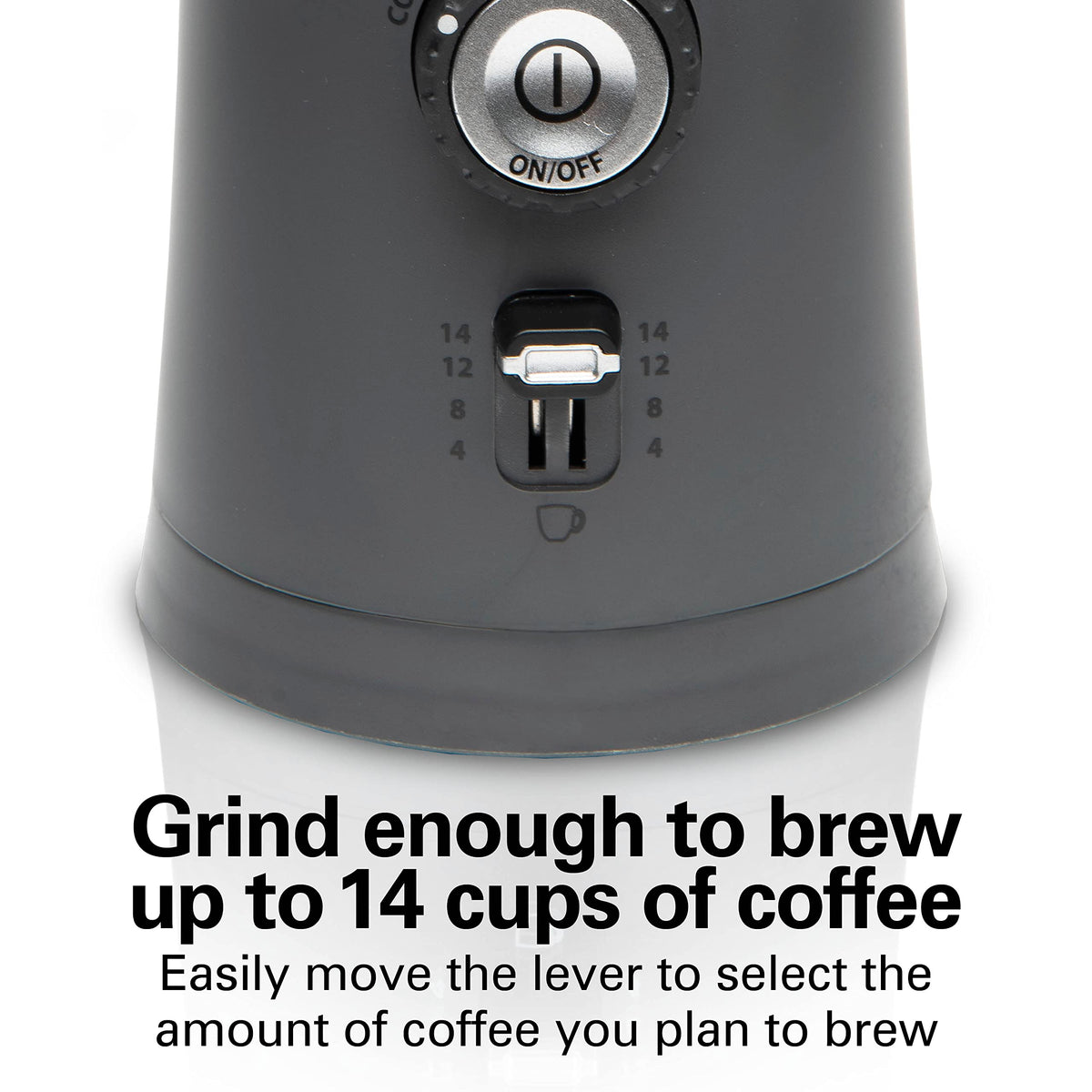 Hamilton Beach grinder prepared to grind beans for 14 cups of coffee