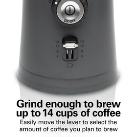 Hamilton Beach grinder prepared to grind beans for 14 cups of coffee