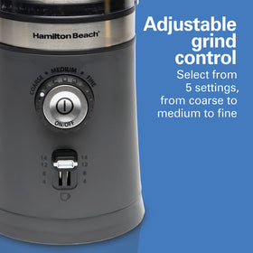 Adjustable grind knob on Hamilton Beach grinder showing five settings