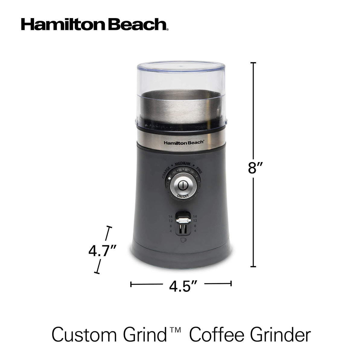 Compact Hamilton Beach grinder with hidden cord storage for a tidy counter