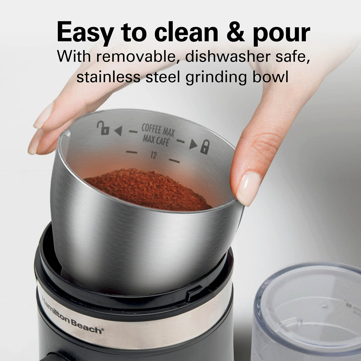Removable stainless steel bowl of Hamilton Beach grinder for easy cleaning
