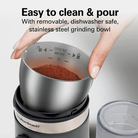 Removable stainless steel bowl of Hamilton Beach grinder for easy cleaning