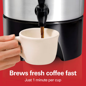 Hamilton Beach coffee urn displays clear water level indicators for easy filling.