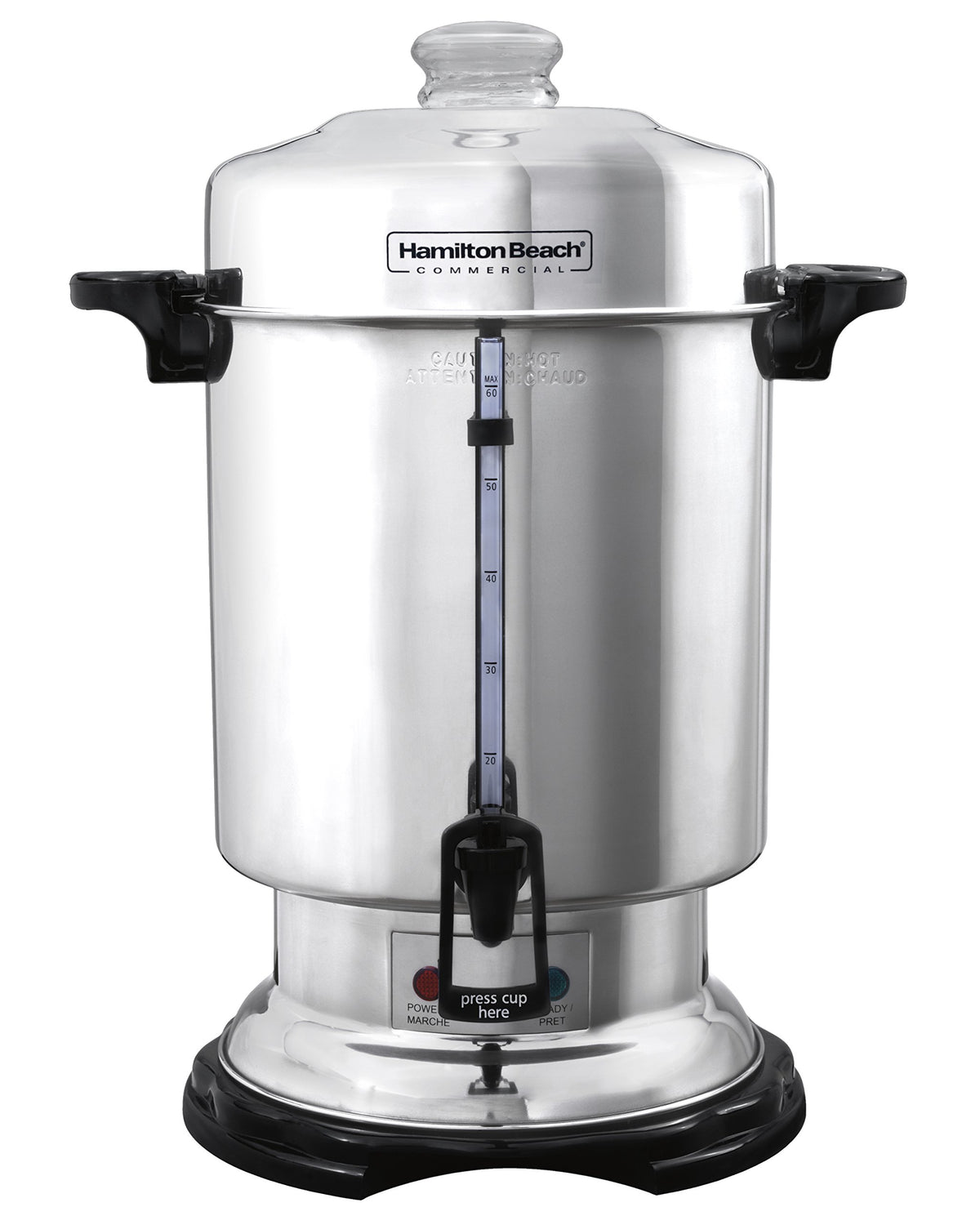 Hamilton Beach commercial coffee urn 60-cup pour demonstrates quick, one-hand serving for events