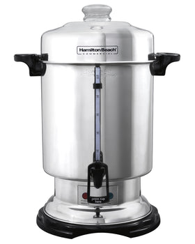 Hamilton Beach commercial coffee urn 60-cup pour demonstrates quick, one-hand serving for events