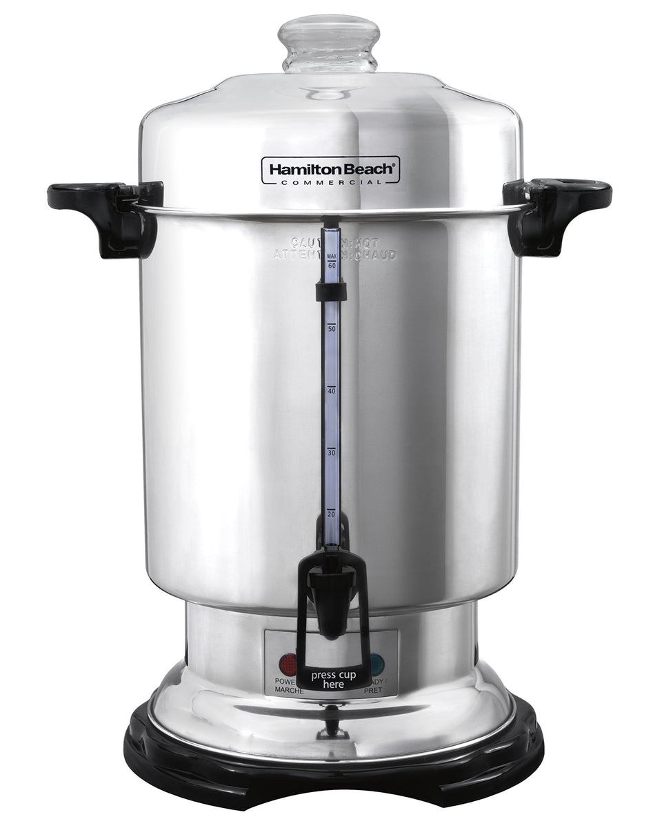 Hamilton Beach commercial coffee urn 60-cup pour demonstrates quick, one-hand serving for events