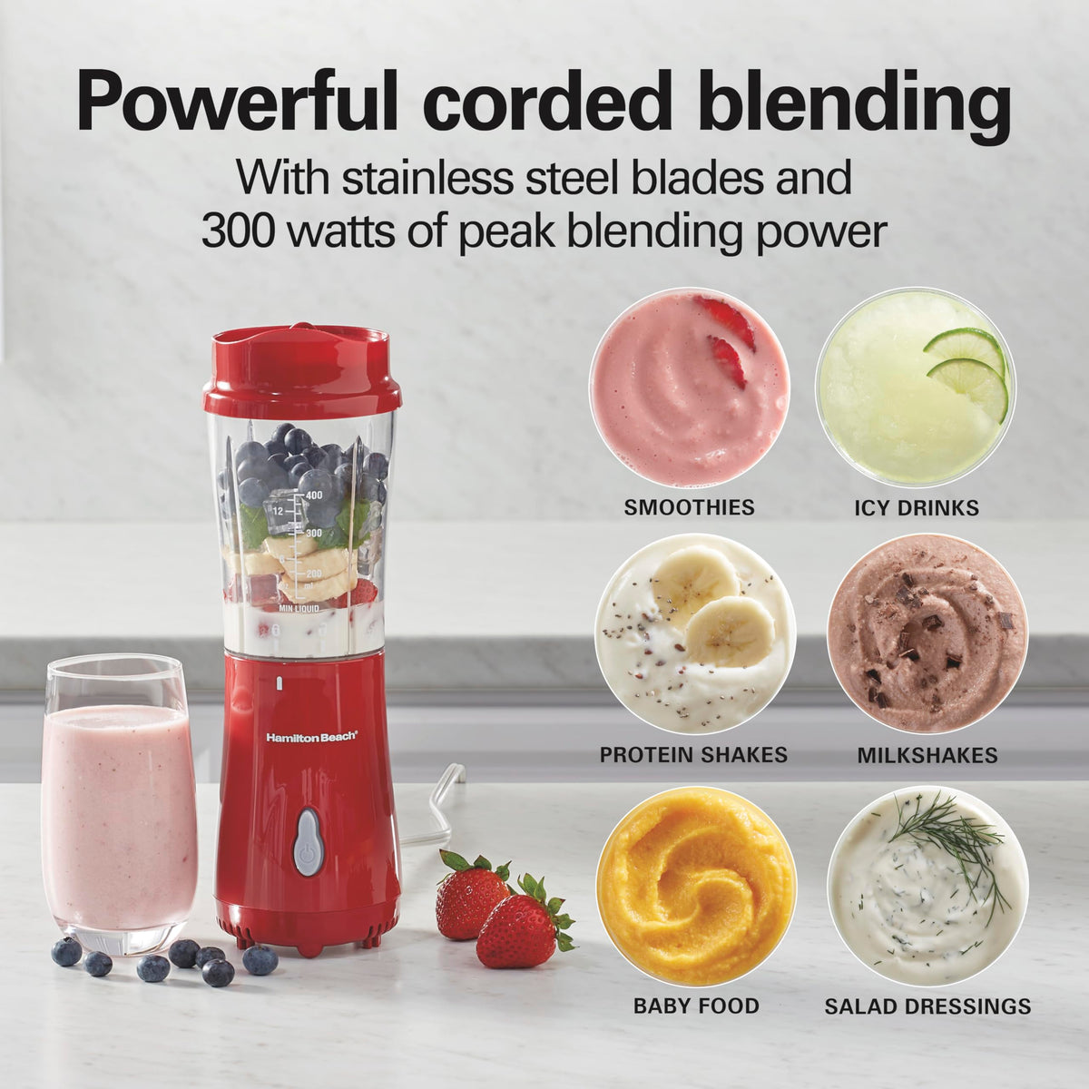 Hamilton Beach compact base fits cup holders for travel.