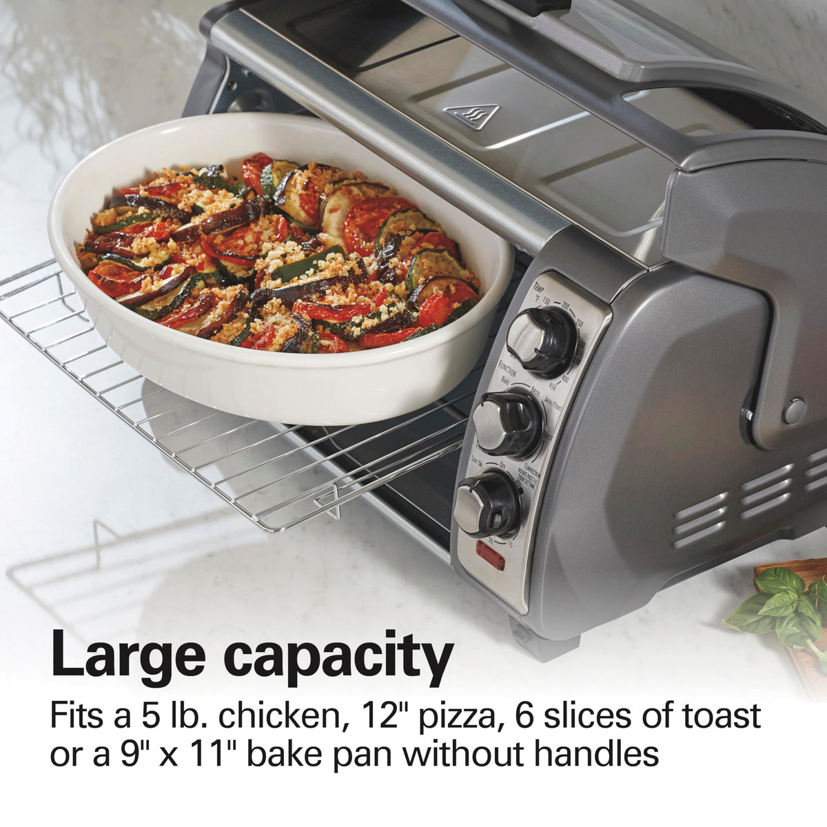 Hamilton Beach convection fan inside for even browning and faster cooking.