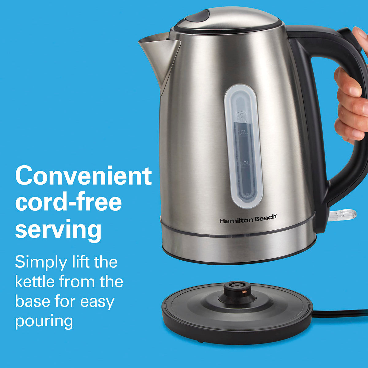 Hamilton Beach cordless serving design enables easy pouring away from cords.