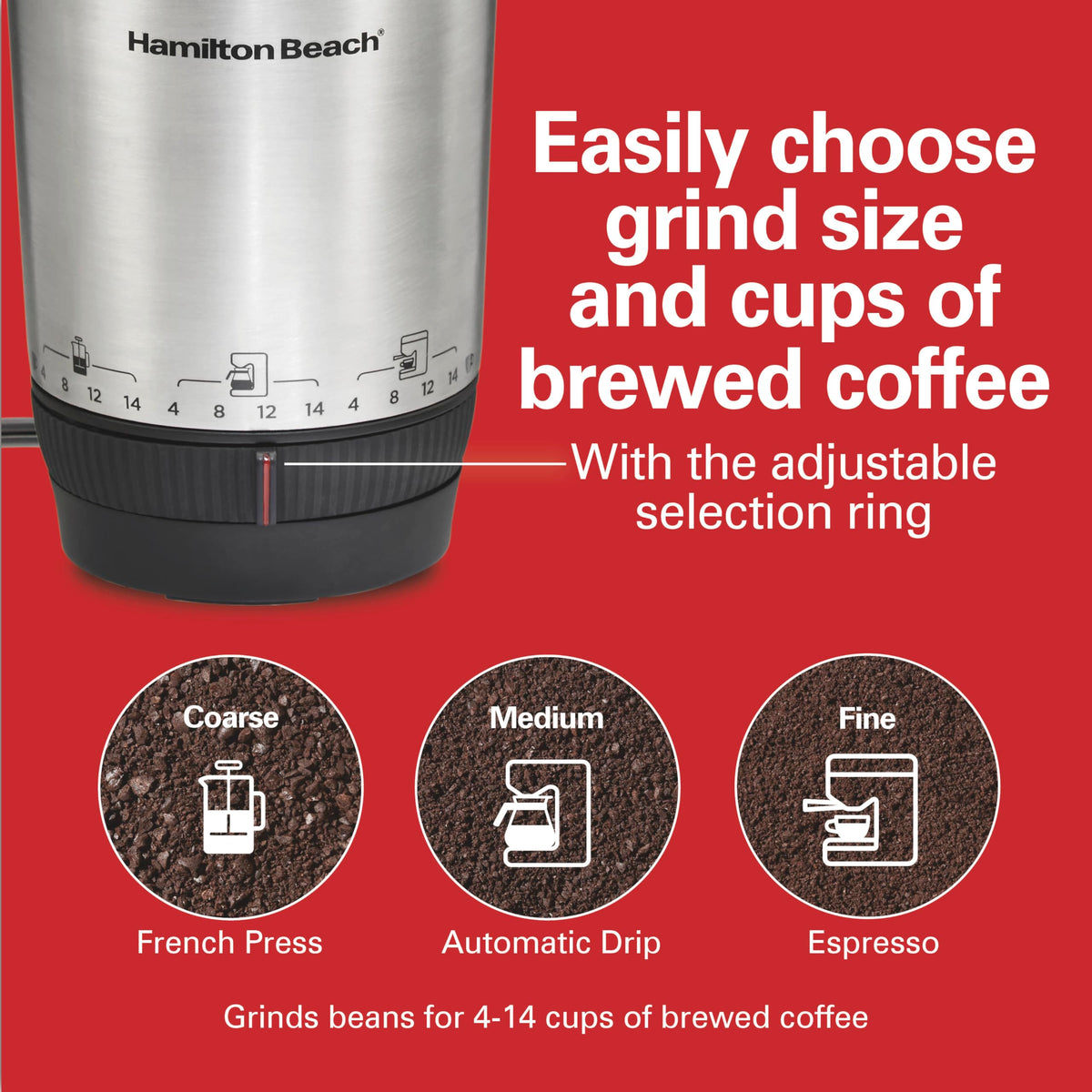 Hamilton Beach Custom Grind with adjustable grind-size ring for precise coffee textures.