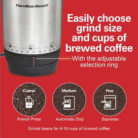 Hamilton Beach Custom Grind with adjustable grind-size ring for precise coffee textures.