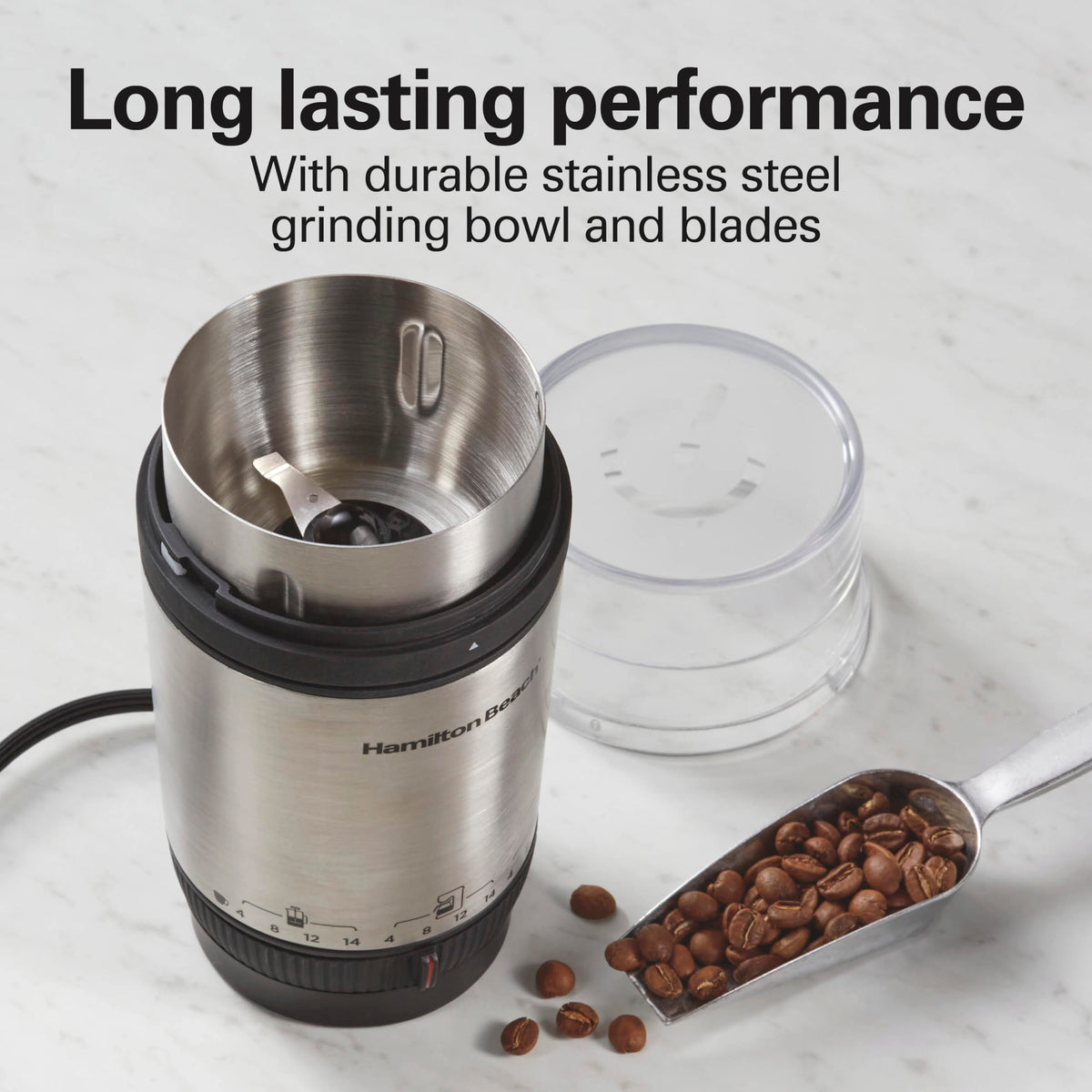 Hamilton Beach Custom Grind uses stainless steel blades for durable grinding of beans and spices.