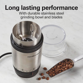 Hamilton Beach Custom Grind uses stainless steel blades for durable grinding of beans and spices.