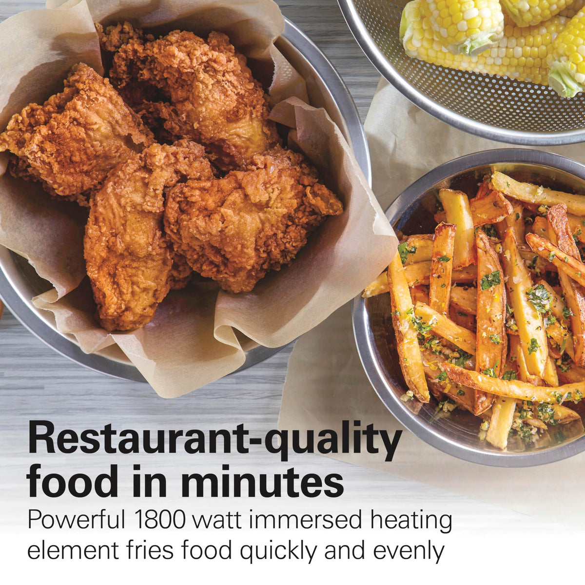 Hamilton Beach deep fryer 1800-watt heating element fries food quickly.