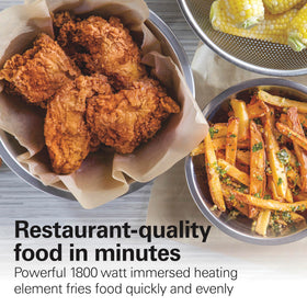 Hamilton Beach deep fryer 1800-watt heating element fries food quickly.