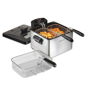 Hamilton Beach deep fryer with three baskets and lid for versatile home frying.