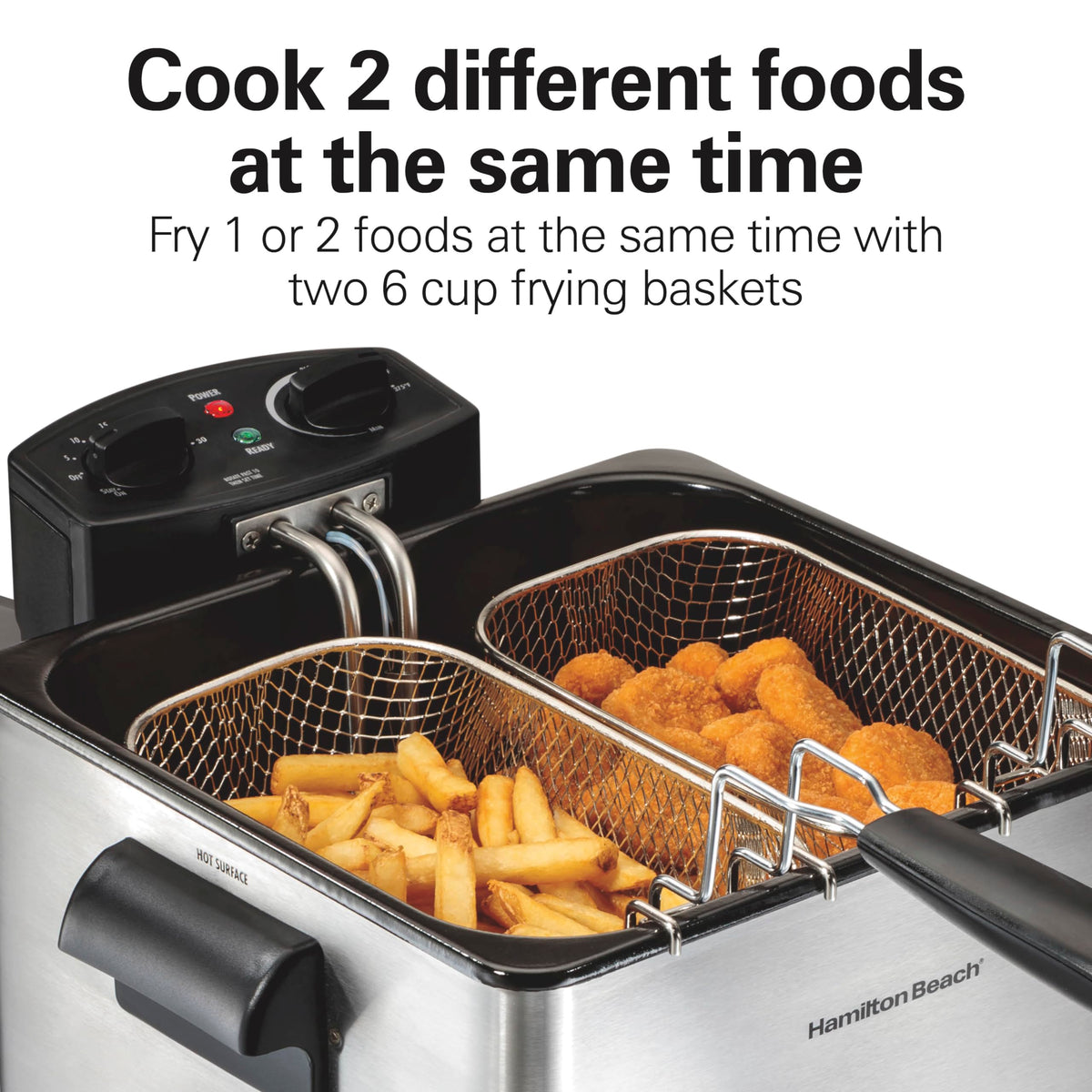 Hamilton Beach deep fryer chrome baskets drain over oil for cleaner frying.