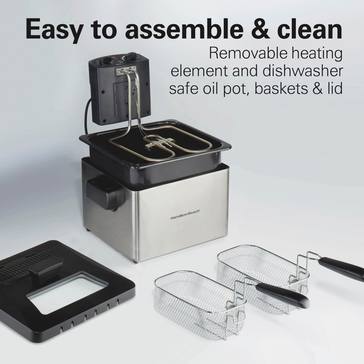 Hamilton Beach deep fryer enamel-coated pot is dishwasher-safe for easy cleanup.