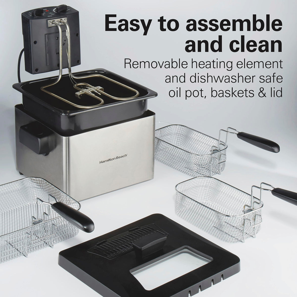Hamilton Beach deep fryer four point five liter capacity supports large batches.