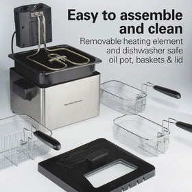 Hamilton Beach deep fryer four point five liter capacity supports large batches.