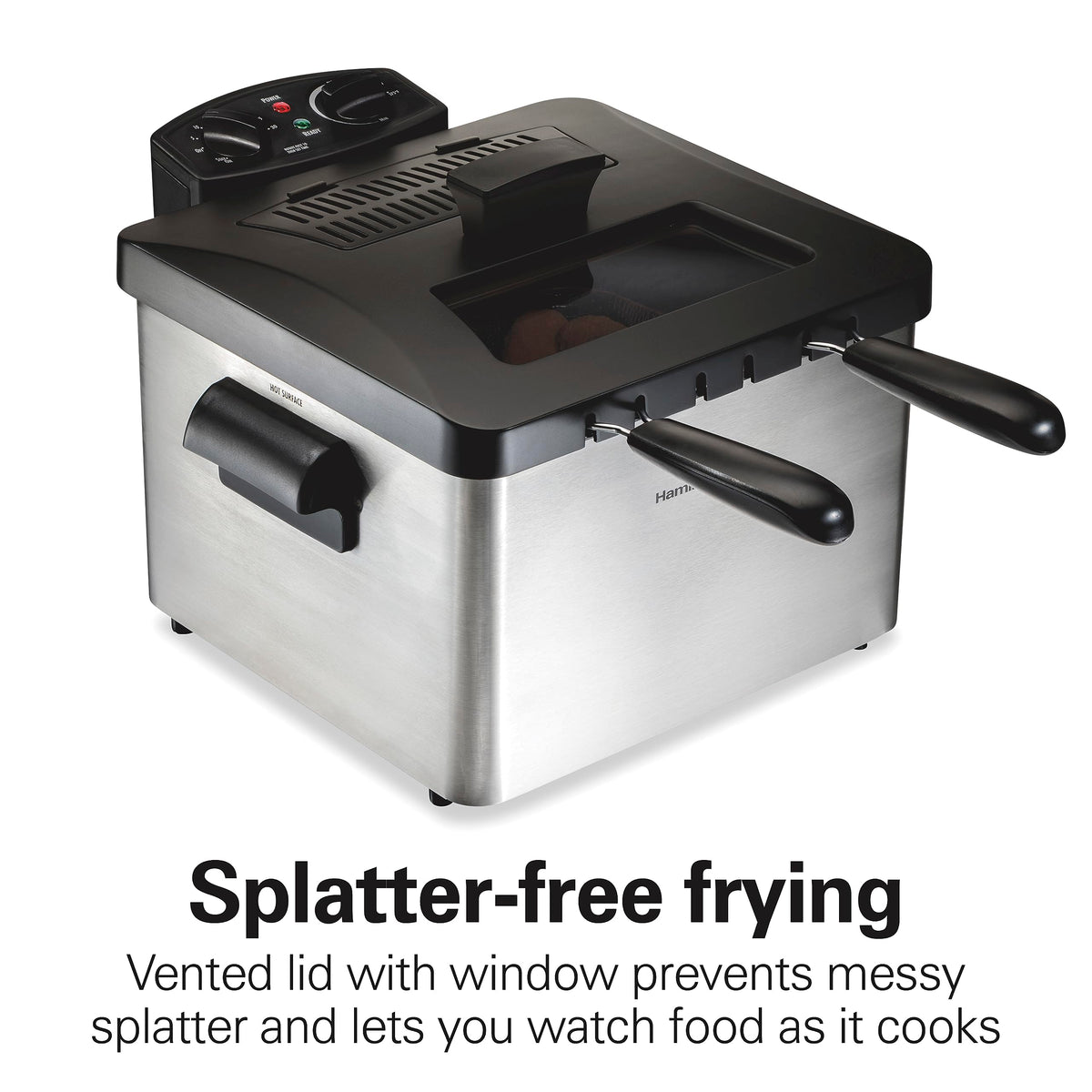 Hamilton Beach stainless steel deep fryer body shown for durable daily use.