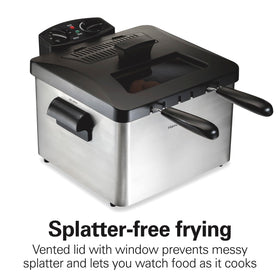 Hamilton Beach stainless steel deep fryer body shown for durable daily use.